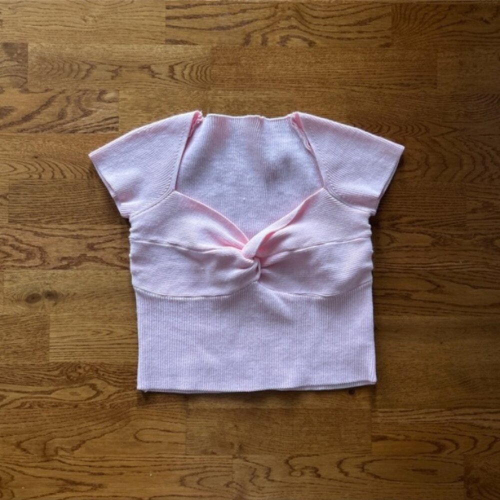 Pink Sweater Women Ribbed Knit S Twist front Sleeve Princess Sweetheart Neckline